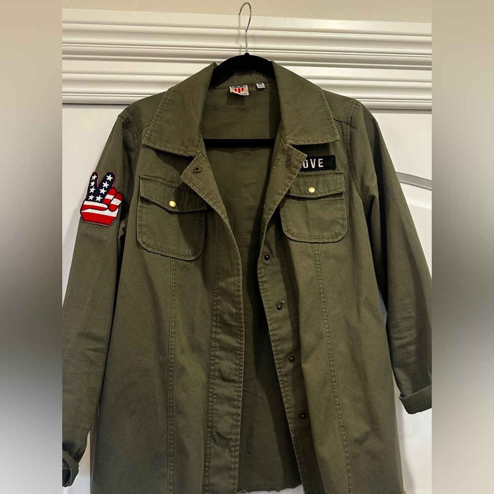 Junk Food brand medium army green thick cotton jacket with love, peace sign!